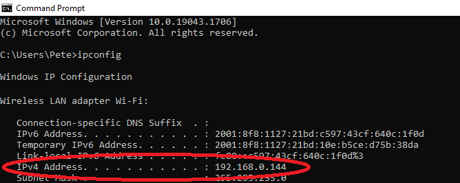 Obtain WIndows 10 IP address.