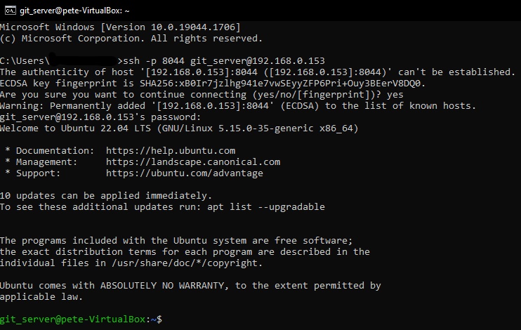 Test the ssh connection to the GIT server.