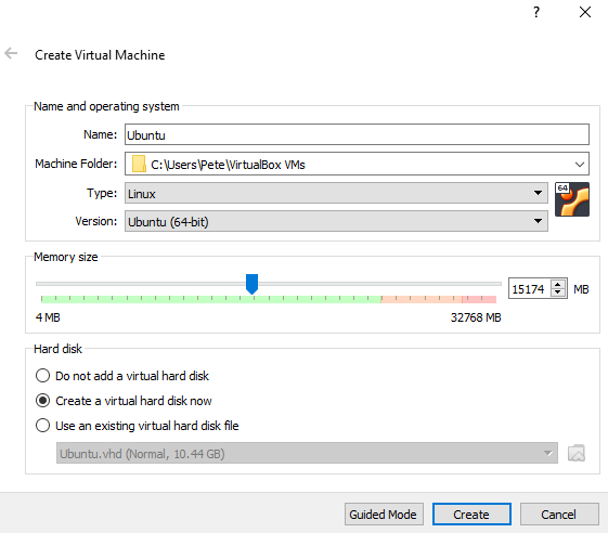 Proceed through VirtualBox setup wizard to create the Ubuntu virtual machine.